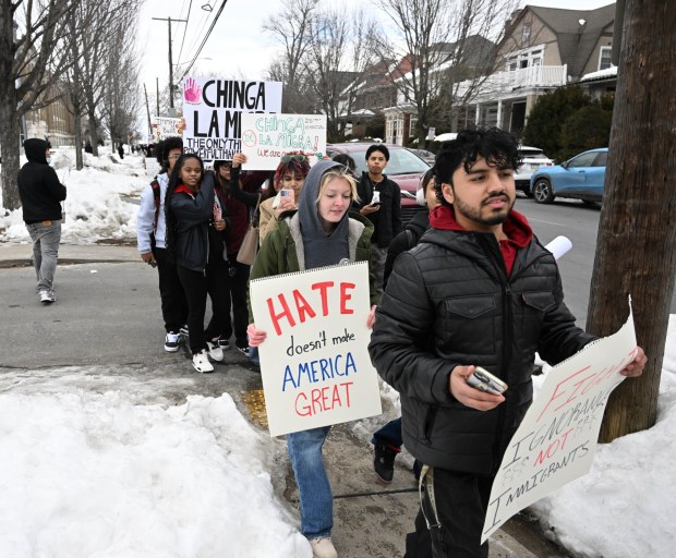 Allen High School students conduct a peaceful walkout Thursday, Feb. 12, 2026, to protest Immigration and Customs Enforcement. The students marched more than a mile from the school to Allentown Public Library and then PPL Center in downtown Allentown.  (Amy Shortell/The Morning Call)