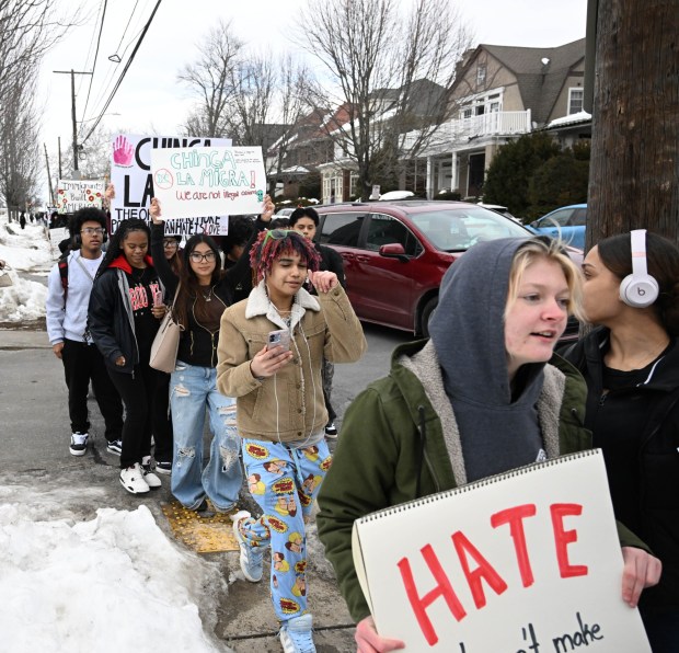 Allen High School students conduct a peaceful walkout Thursday, Feb. 12, 2026, to protest Immigration and Customs Enforcement. The students marched more than a mile from the school to Allentown Public Library and then PPL Center in downtown Allentown.  (Amy Shortell/The Morning Call)