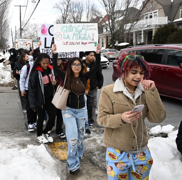 Allen High School students conduct a peaceful walkout Thursday, Feb. 12, 2026, to protest Immigration and Customs Enforcement. The students marched more than a mile from the school to Allentown Public Library and then PPL Center in downtown Allentown.  (Amy Shortell/The Morning Call)