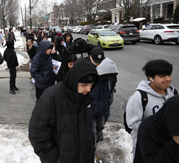 Allen High School students conduct a peaceful walkout Thursday, Feb. 12, 2026, to protest Immigration and Customs Enforcement. The students marched more than a mile from the school to Allentown Public Library and then PPL Center in downtown Allentown.  (Amy Shortell/The Morning Call)