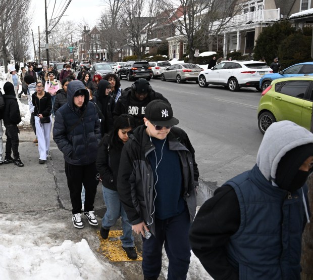 Allen High School students conduct a peaceful walkout Thursday, Feb. 12, 2026, to protest Immigration and Customs Enforcement. The students marched more than a mile from the school to Allentown Public Library and then PPL Center in downtown Allentown.  (Amy Shortell/The Morning Call)