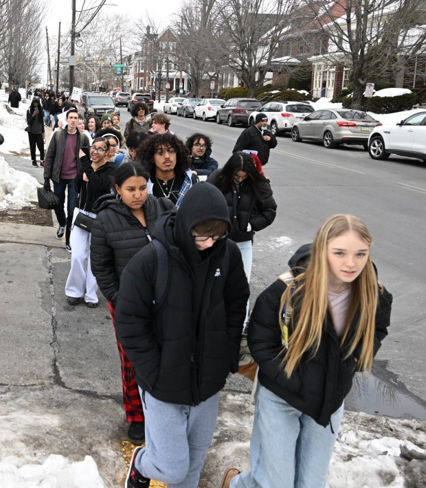 Allen High School students conduct a peaceful walkout Thursday, Feb. 12, 2026, to protest Immigration and Customs Enforcement. The students marched more than a mile from the school to Allentown Public Library and then PPL Center in downtown Allentown.  (Amy Shortell/The Morning Call)