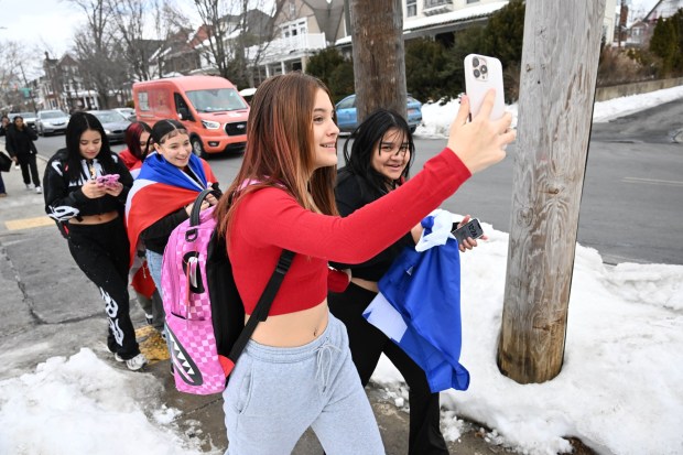 Allen High School students conduct a peaceful walkout Thursday, Feb. 12, 2026, to protest Immigration and Customs Enforcement. The students marched more than a mile from the school to Allentown Public Library and then PPL Center in downtown Allentown.  (Amy Shortell/The Morning Call)