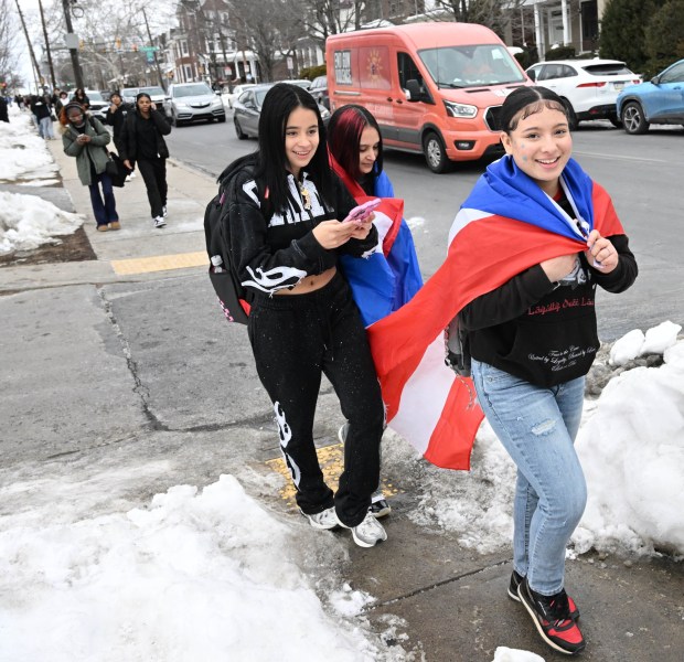 Allen High School students conduct a peaceful walkout Thursday, Feb. 12, 2026, to protest Immigration and Customs Enforcement. The students marched more than a mile from the school to Allentown Public Library and then PPL Center in downtown Allentown.  (Amy Shortell/The Morning Call)