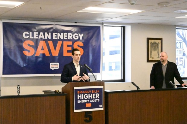 Lehigh County Executive Josh Siegel speaks during a news conference Thursday, Feb. 5, 2026, to call on Rep. Rep. Mackenzie, R-Lehigh, and other congressional leaders to protect clean-energy tax credits and programs and assistance programs for low-income utility customers. (Amy Shortell/The Morning Call)