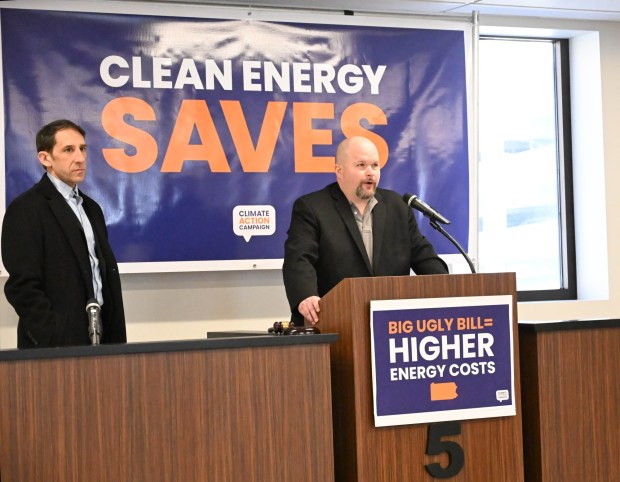 Justin Grimshaw, assistant business manager of IBEW Local 375, speaks during a news conference Thursday, Feb. 5, 2026, to call on Rep. Rep. Mackenzie, R-Lehigh, and other congressional leaders to protect clean-energy tax credits and programs and assistance programs for low-income utility customers. (Amy Shortell/The Morning Call)