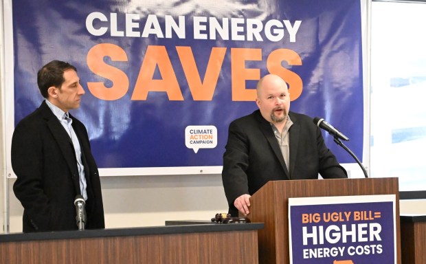 Justin Grimshaw, assistant business manager of IBEW Local 375, speaks during a news conference Thursday, Feb. 5, 2026, to call on Rep. Rep. Mackenzie, R-Lehigh, and other congressional leaders to protect clean-energy tax credits and programs and assistance programs for low-income utility customers. (Amy Shortell/The Morning Call)