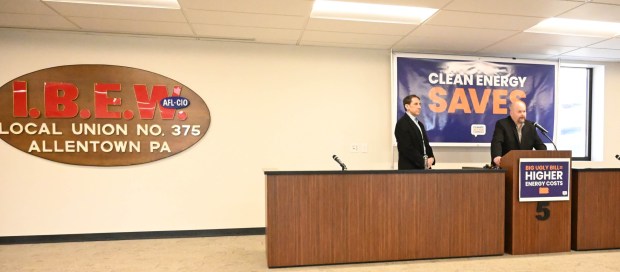 Justin Grimshaw, assistant business manager of IBEW Local 375, speaks during a news conference Thursday, Feb. 5, 2026, to call on Rep. Rep. Mackenzie, R-Lehigh, and other congressional leaders to protect clean-energy tax credits and programs and assistance programs for low-income utility customers. (Amy Shortell/The Morning Call)