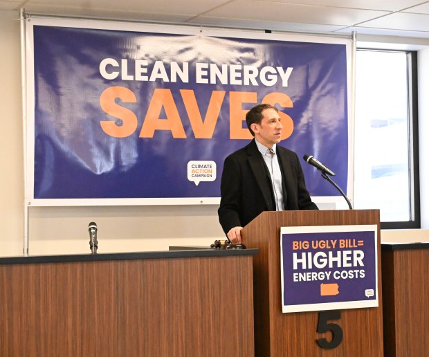 Allentown Mayor Matt Tuerk speaks during a news conference Thursday, Feb. 5, 2026, to call on Rep. Rep. Mackenzie, R-Lehigh, and other congressional leaders to protect clean-energy tax credits and programs and assistance programs for low-income utility customers. (Amy Shortell/The Morning Call)