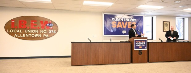 Allentown Mayor Matt Tuerk speaks during a news conference Thursday, Feb. 5, 2026, to call on Rep. Rep. Mackenzie, R-Lehigh, and other congressional leaders to protect clean-energy tax credits and programs and assistance programs for low-income utility customers. (Amy Shortell/The Morning Call)