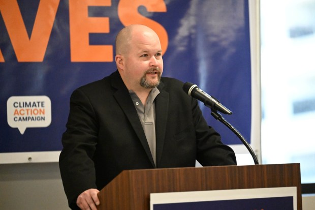 Justin Grimshaw, assistant business manager of IBEW Local 375, speaks during a news conference Thursday, Feb. 5, 2026, to call on Rep. Rep. Mackenzie, R-Lehigh, and other congressional leaders to protect clean-energy tax credits and programs and assistance programs for low-income utility customers. (Amy Shortell/The Morning Call)