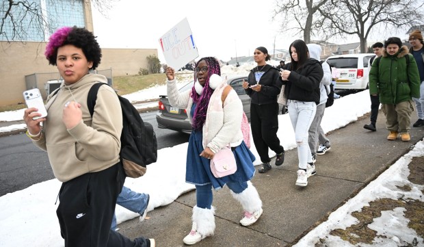 Dieruff High School students conduct a peaceful walkout Wednesday, Feb. 18, 2026, to protest Immigration and Customs Enforcement. The students marched from the school to Coca-Cola Park in Allentown. (Amy Shortell/The Morning Call)