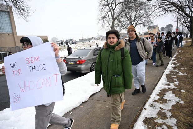 Dieruff High School students conduct a peaceful walkout Wednesday, Feb. 18, 2026, to protest Immigration and Customs Enforcement. The students marched from the school to Coca-Cola Park in Allentown. (Amy Shortell/The Morning Call)