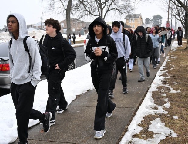Dieruff High School students conduct a peaceful walkout Wednesday, Feb. 18, 2026, to protest Immigration and Customs Enforcement. The students marched from the school to Coca-Cola Park in Allentown. (Amy Shortell/The Morning Call)