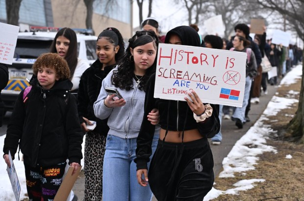 Dieruff High School students conduct a peaceful walkout Wednesday, Feb. 18, 2026, to protest Immigration and Customs Enforcement. The students marched from the school to Coca-Cola Park in Allentown. (Amy Shortell/The Morning Call)