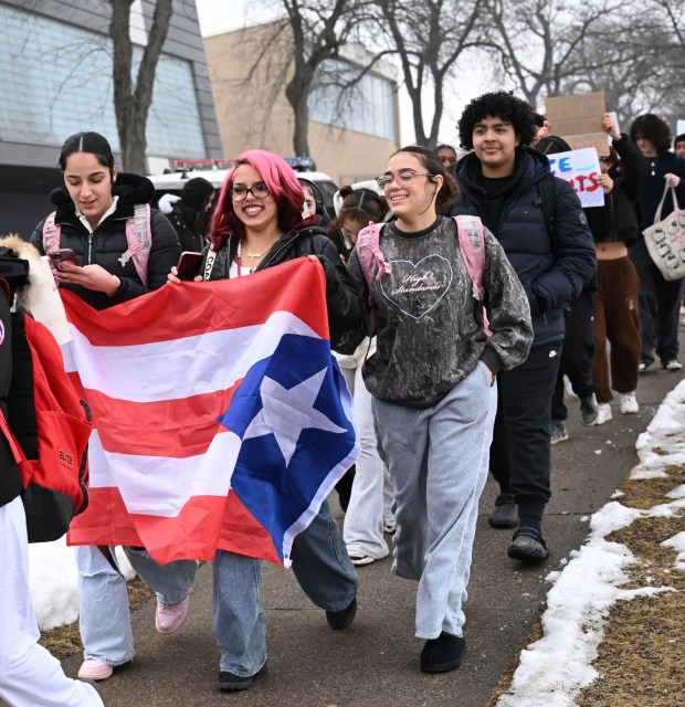 Dieruff High School students conduct a peaceful walkout Wednesday, Feb. 18, 2026, to protest Immigration and Customs Enforcement. The students marched from the school to Coca-Cola Park in Allentown. (Amy Shortell/The Morning Call)