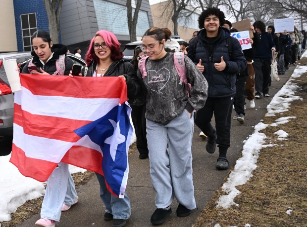 Dieruff High School students conduct a peaceful walkout Wednesday, Feb. 18, 2026, to protest Immigration and Customs Enforcement. The students marched from the school to Coca-Cola Park in Allentown. (Amy Shortell/The Morning Call)
