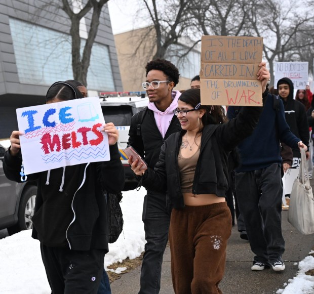 Dieruff High School students conduct a peaceful walkout Wednesday, Feb. 18, 2026, to protest Immigration and Customs Enforcement. The students marched from the school to Coca-Cola Park in Allentown. (Amy Shortell/The Morning Call)