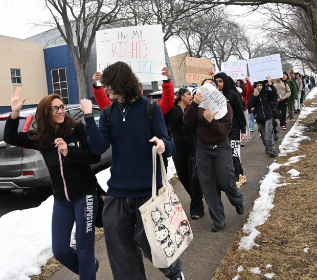 Dieruff High School students conduct a peaceful walkout Wednesday, Feb. 18, 2026, to protest Immigration and Customs Enforcement. The students marched from the school to Coca-Cola Park in Allentown. (Amy Shortell/The Morning Call)