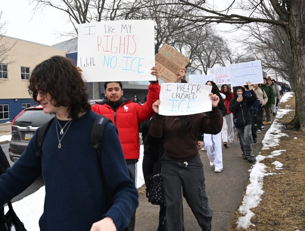 Dieruff High School students conduct a peaceful walkout Wednesday, Feb. 18, 2026, to protest Immigration and Customs Enforcement. The students marched from the school to Coca-Cola Park in Allentown. (Amy Shortell/The Morning Call)