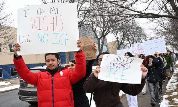Dieruff High School students conduct a peaceful walkout Wednesday, Feb. 18, 2026, to protest Immigration and Customs Enforcement. The students marched from the school to Coca-Cola Park in Allentown. (Amy Shortell/The Morning Call)