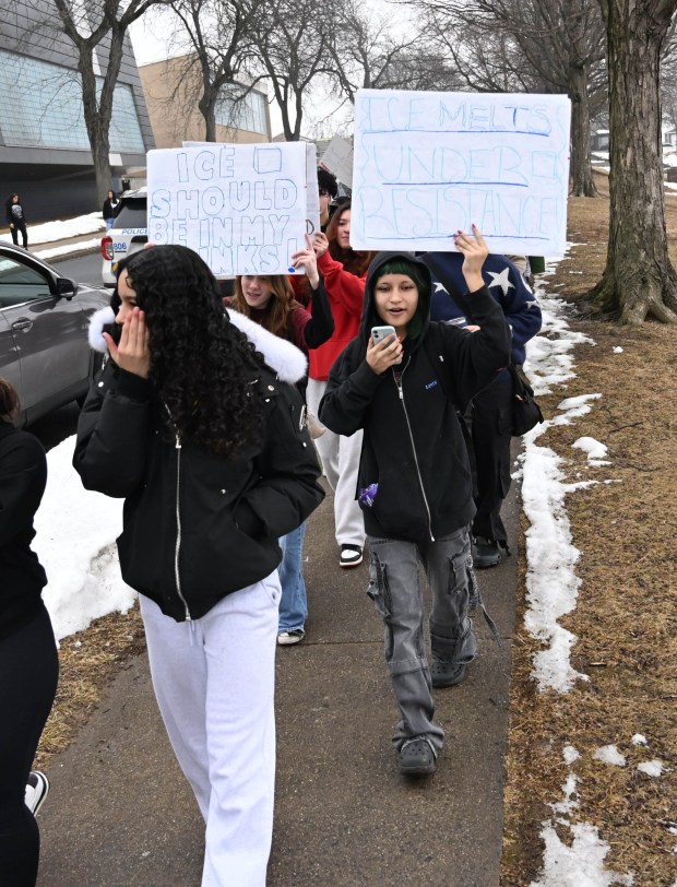 Dieruff High School students conduct a peaceful walkout Wednesday, Feb. 18, 2026, to protest Immigration and Customs Enforcement. The students marched from the school to Coca-Cola Park in Allentown. (Amy Shortell/The Morning Call)