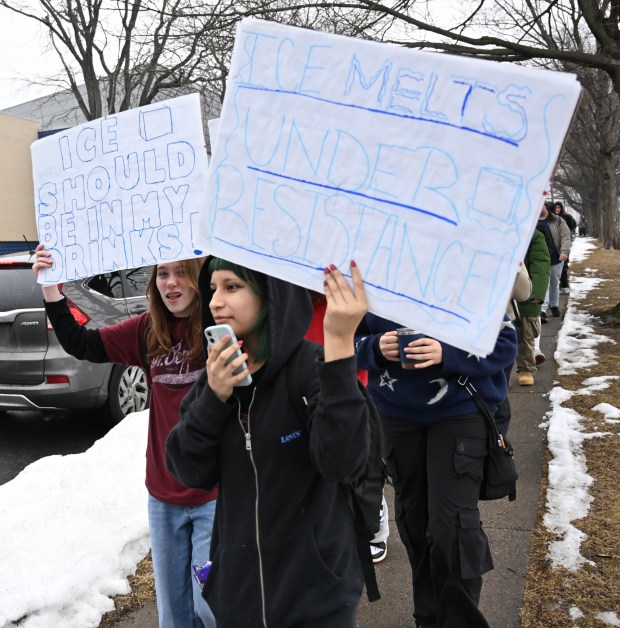 Dieruff High School students conduct a peaceful walkout Wednesday, Feb. 18, 2026, to protest Immigration and Customs Enforcement. The students marched from the school to Coca-Cola Park in Allentown. (Amy Shortell/The Morning Call)
