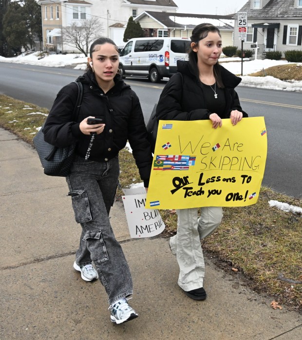 Dieruff High School students conduct a peaceful walkout Wednesday, Feb. 18, 2026, to protest Immigration and Customs Enforcement. The students marched from the school to Coca-Cola Park in Allentown. (Amy Shortell/The Morning Call)