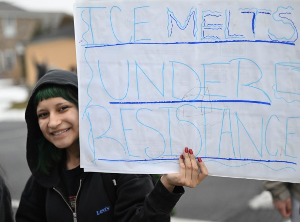 Dieruff High School students conduct a peaceful walkout Wednesday, Feb. 18, 2026, to protest Immigration and Customs Enforcement. The students marched from the school to Coca-Cola Park in Allentown. (Amy Shortell/The Morning Call)