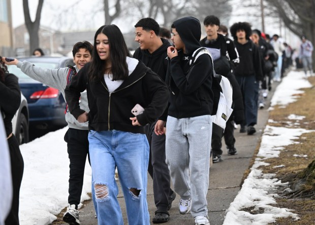 Dieruff High School students conduct a peaceful walkout Wednesday, Feb. 18, 2026, to protest Immigration and Customs Enforcement. The students marched from the school to Coca-Cola Park in Allentown. (Amy Shortell/The Morning Call)