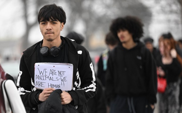 Dieruff High School students conduct a peaceful walkout Wednesday, Feb. 18, 2026, to protest Immigration and Customs Enforcement. The students marched from the school to Coca-Cola Park in Allentown. (Amy Shortell/The Morning Call)