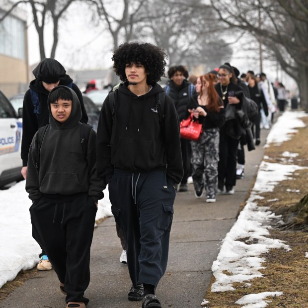 Dieruff High School students conduct a peaceful walkout Wednesday, Feb. 18, 2026, to protest Immigration and Customs Enforcement. The students marched from the school to Coca-Cola Park in Allentown. (Amy Shortell/The Morning Call)