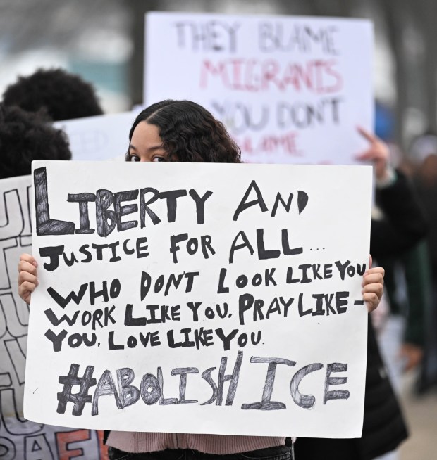 Dieruff High School students conduct a peaceful walkout Wednesday, Feb. 18, 2026, to protest Immigration and Customs Enforcement. The students marched from the school to Coca-Cola Park in Allentown. (Amy Shortell/The Morning Call)