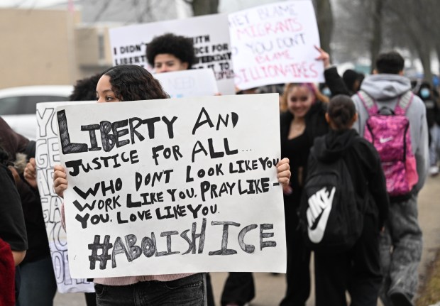 Dieruff High School students conduct a peaceful walkout Wednesday, Feb. 18, 2026, to protest Immigration and Customs Enforcement. The students marched from the school to Coca-Cola Park in Allentown. (Amy Shortell/The Morning Call)