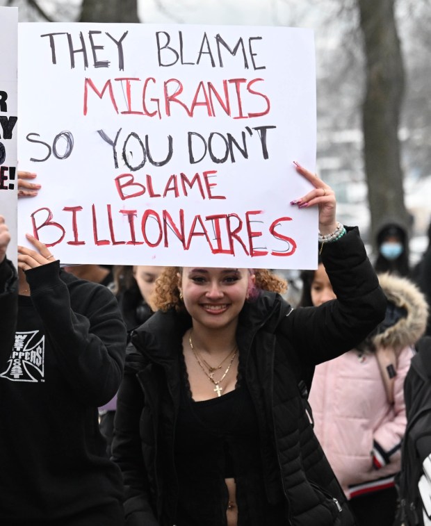 Dieruff High School students conduct a peaceful walkout Wednesday, Feb. 18, 2026, to protest Immigration and Customs Enforcement. The students marched from the school to Coca-Cola Park in Allentown. (Amy Shortell/The Morning Call)