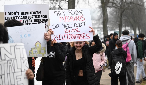 Dieruff High School students conduct a peaceful walkout Wednesday, Feb. 18, 2026, to protest Immigration and Customs Enforcement. The students marched from the school to Coca-Cola Park in Allentown. (Amy Shortell/The Morning Call)