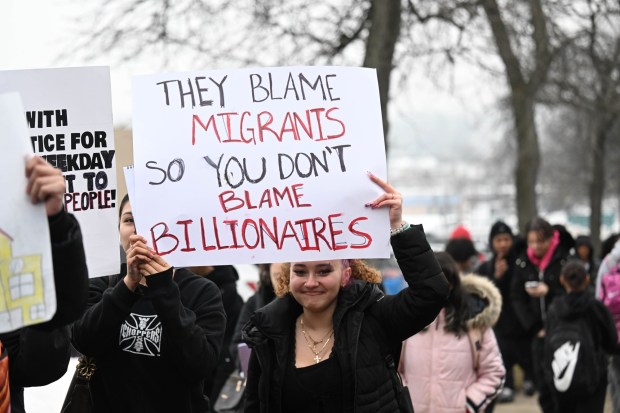 Dieruff High School students conduct a peaceful walkout Wednesday, Feb. 18, 2026, to protest Immigration and Customs Enforcement. The students marched from the school to Coca-Cola Park in Allentown. (Amy Shortell/The Morning Call)