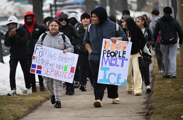 Dieruff High School students conduct a peaceful walkout Wednesday, Feb. 18, 2026, to protest Immigration and Customs Enforcement. The students marched from the school to Coca-Cola Park in Allentown. (Amy Shortell/The Morning Call)