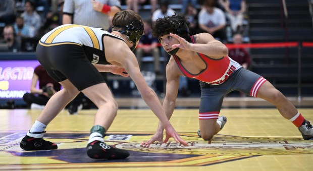 Parkland's Luis Moya wrestles Notre Dame- Green Pond's Max Quarry in the 107 weight bout Saturday, Feb. 28, 2026, during the Northeast Regional Class 3A wrestling championship matches at Liberty High School in Bethlehem. (Amy Shortell / The Morning Call)