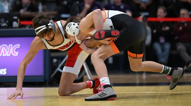 Northampton's Brayden Wenrich wrestles Hazelton's Gabe Benyo in the 114 weight bout Saturday, Feb. 28, 2026, during the Northeast Regional Class 3A wrestling championship matches at Liberty High School in Bethlehem. (Amy Shortell / The Morning Call)