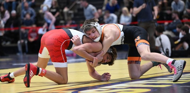 Northampton's Brayden Wenrich wrestles Hazelton's Gabe Benyo in the 114 weight bout Saturday, Feb. 28, 2026, during the Northeast Regional Class 3A wrestling championship matches at Liberty High School in Bethlehem. (Amy Shortell / The Morning Call)