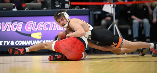 Northampton's Brayden Wenrich wrestles Hazelton's Gabe Benyo in the 114 weight bout Saturday, Feb. 28, 2026, during the Northeast Regional Class 3A wrestling championship matches at Liberty High School in Bethlehem. (Amy Shortell / The Morning Call)