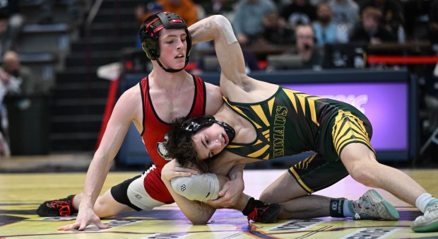 Easton's Nick Salamone wrestles Emmaus' Emilio Albanese in the 127 weight bout Saturday, Feb. 28, 2026, during the Northeast Regional Class 3A wrestling championship matches at Liberty High School in Bethlehem. (Amy Shortell / The Morning Call)