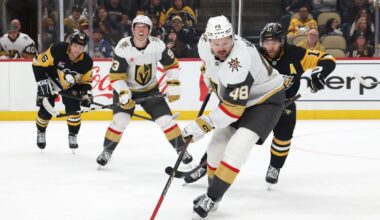 Mar 1, 2026; Pittsburgh, Pennsylvania, USA;  Vegas Golden Knights center Tomas Hertl (48) handles the puck against the Pittsburgh Penguins during the second period at PPG Paints Arena. Mandatory Credit: Charles LeClaire-Imagn Images