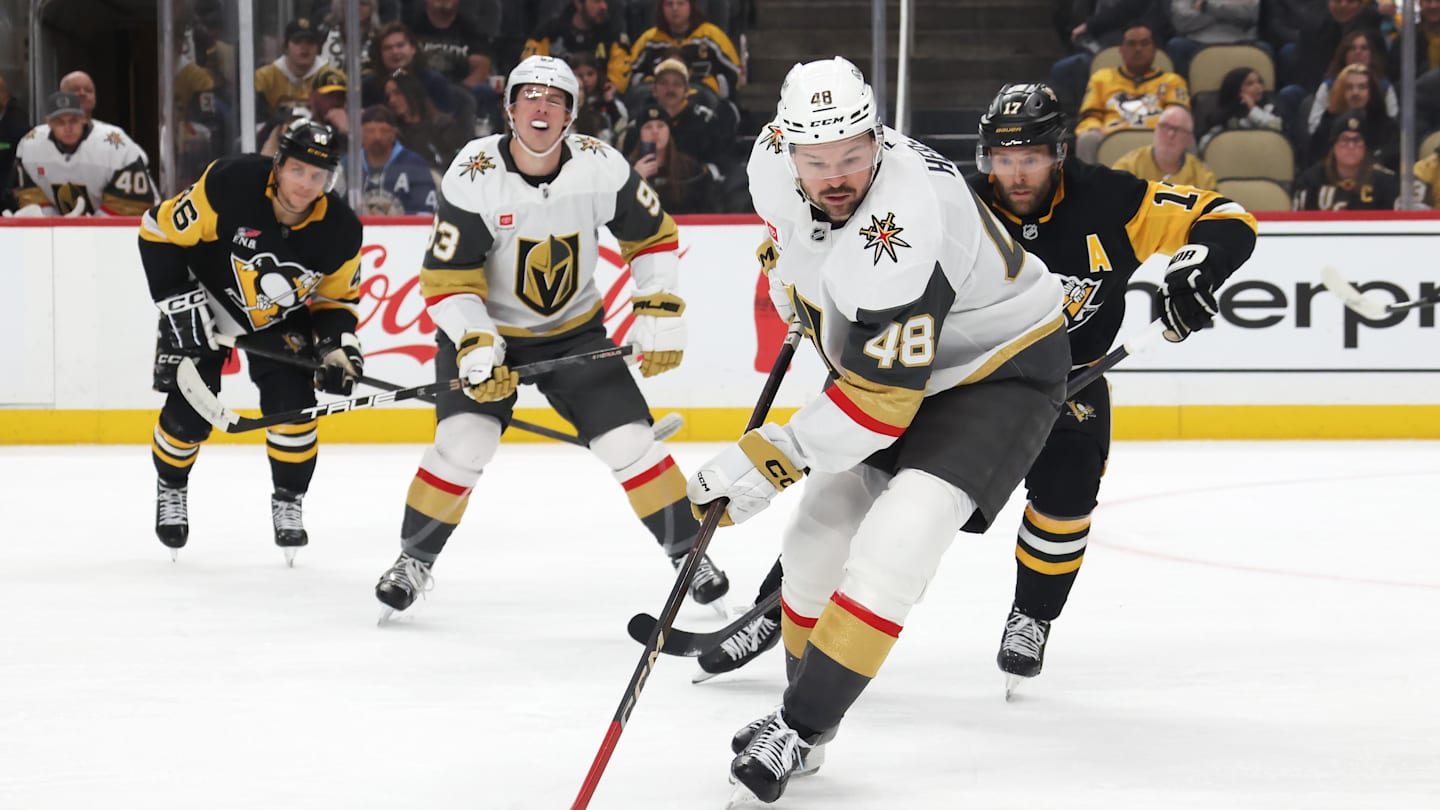 Mar 1, 2026; Pittsburgh, Pennsylvania, USA;  Vegas Golden Knights center Tomas Hertl (48) handles the puck against the Pittsburgh Penguins during the second period at PPG Paints Arena. Mandatory Credit: Charles LeClaire-Imagn Images