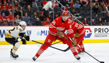 Dec 2, 2025; Detroit, Michigan, USA;  Detroit Red Wings left wing Elmer Soderblom (85) skates with the puck in the second period against the Boston Bruins at Little Caesars Arena. Mandatory Credit: Rick Osentoski-Imagn Images