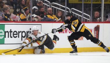 Mar 1, 2026; Pittsburgh, Pennsylvania, USA;  Vegas Golden Knights center Jack Eichel (9) reaches for a loose puck against Pittsburgh Penguins defenseman Kris Letang (58) during the third period at PPG Paints Arena. Mandatory Credit: Charles LeClaire-Imagn Images
