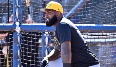 Feb 25, 2026; North Port, Florida, USA;  Pittsburgh Pirates designated hitter Marcell Ozuna (24) prepares to take batting practice before the start of the game against the Atlanta Braves  during spring training at CoolToday Park. Mandatory Credit: Jonathan Dyer-Imagn Images