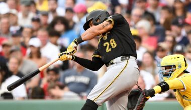 Aug 30, 2025; Boston, Massachusetts, USA; Pittsburgh Pirates left fielder Tommy Pham (28) hits a RBI single against the Boston Red Sox during the fifth inning at Fenway Park. Mandatory Credit: Brian Fluharty-Imagn Images
