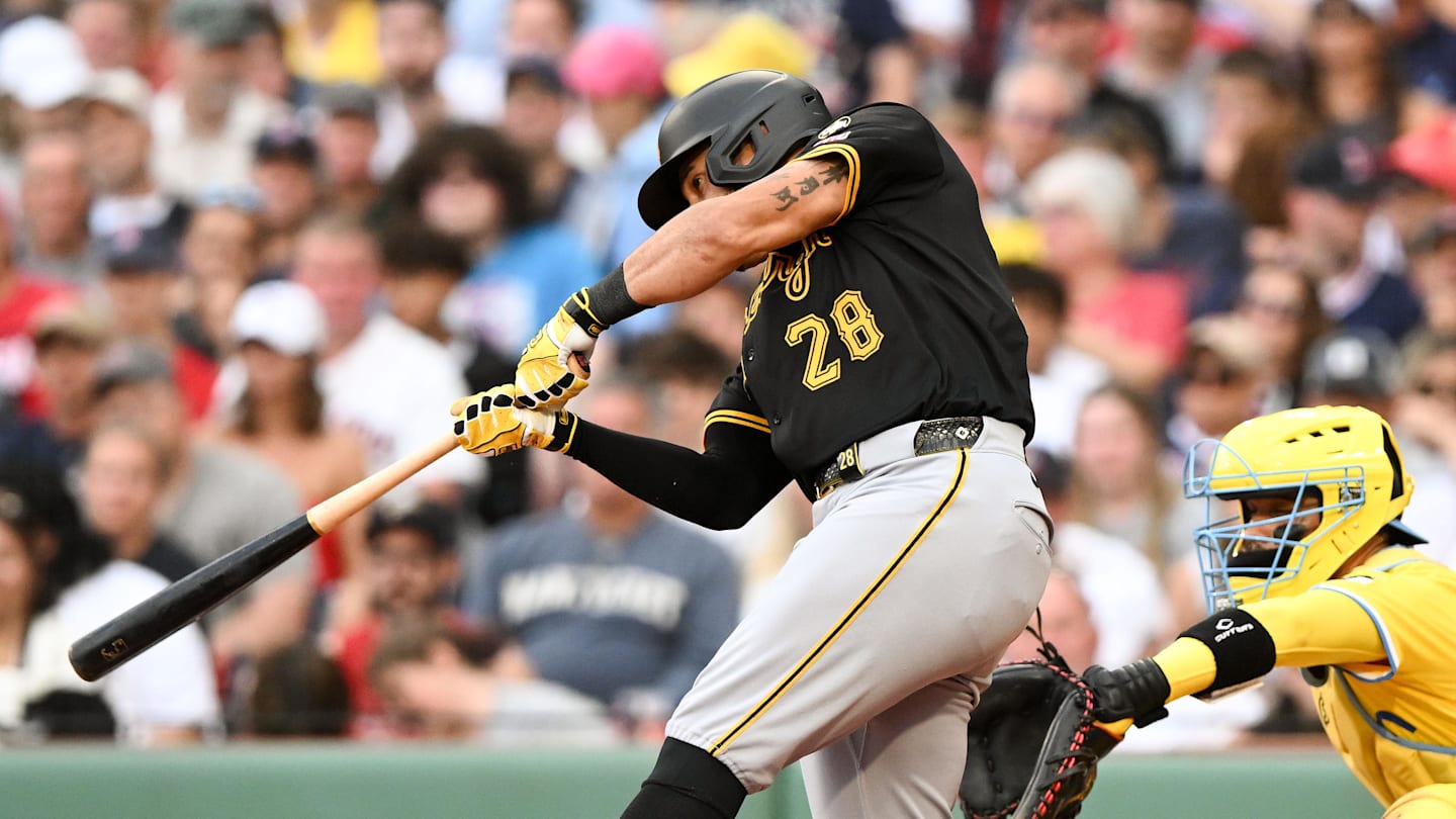 Aug 30, 2025; Boston, Massachusetts, USA; Pittsburgh Pirates left fielder Tommy Pham (28) hits a RBI single against the Boston Red Sox during the fifth inning at Fenway Park. Mandatory Credit: Brian Fluharty-Imagn Images